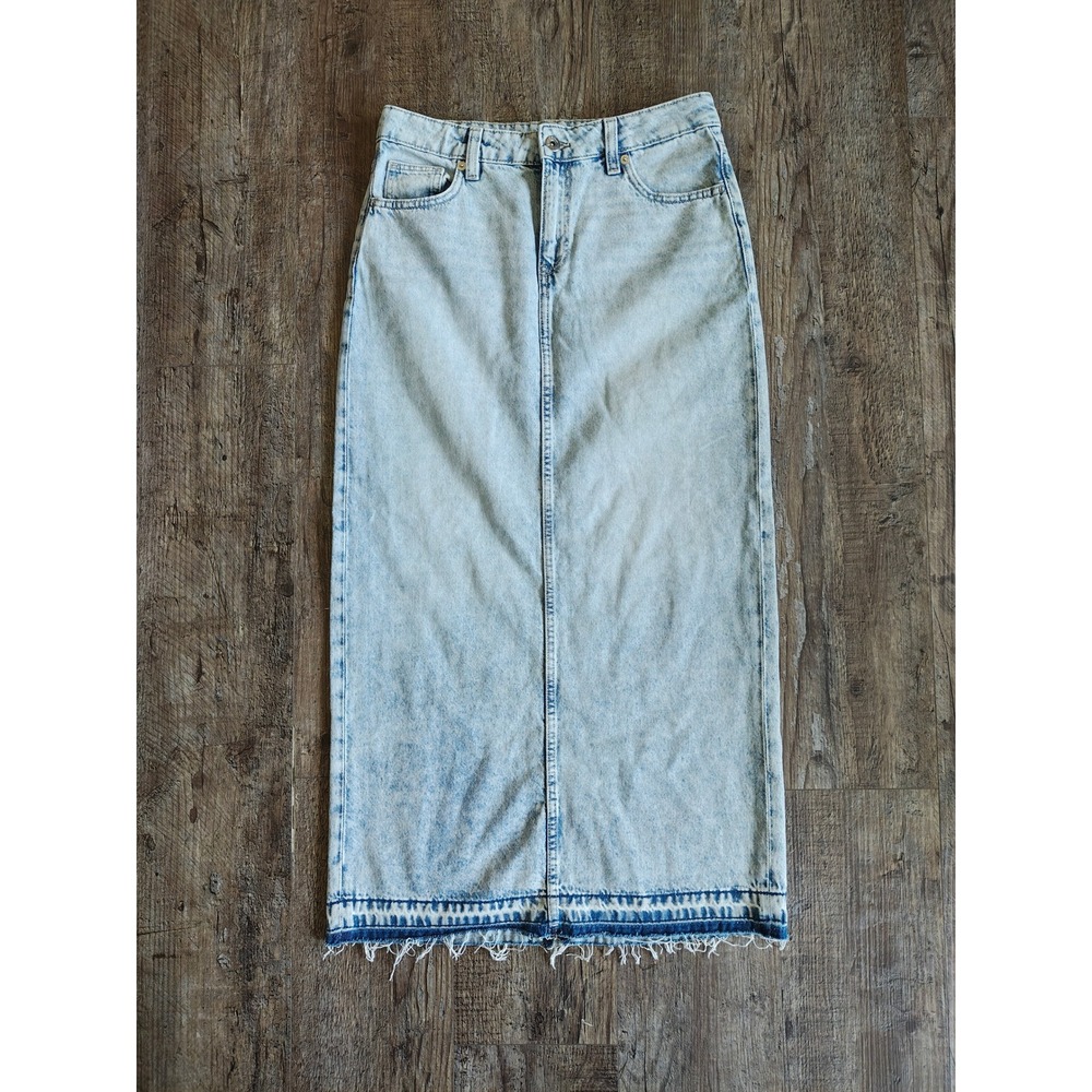 Women's Denim Maxi Skirt Size 6 H&M Light Wash Fringe Boho Fall Dress
